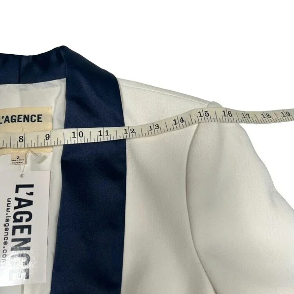 NWT L'AGENCE Women's Sz 2 White Blazer Satin Navy Contrast Lapel Smoking Jacket